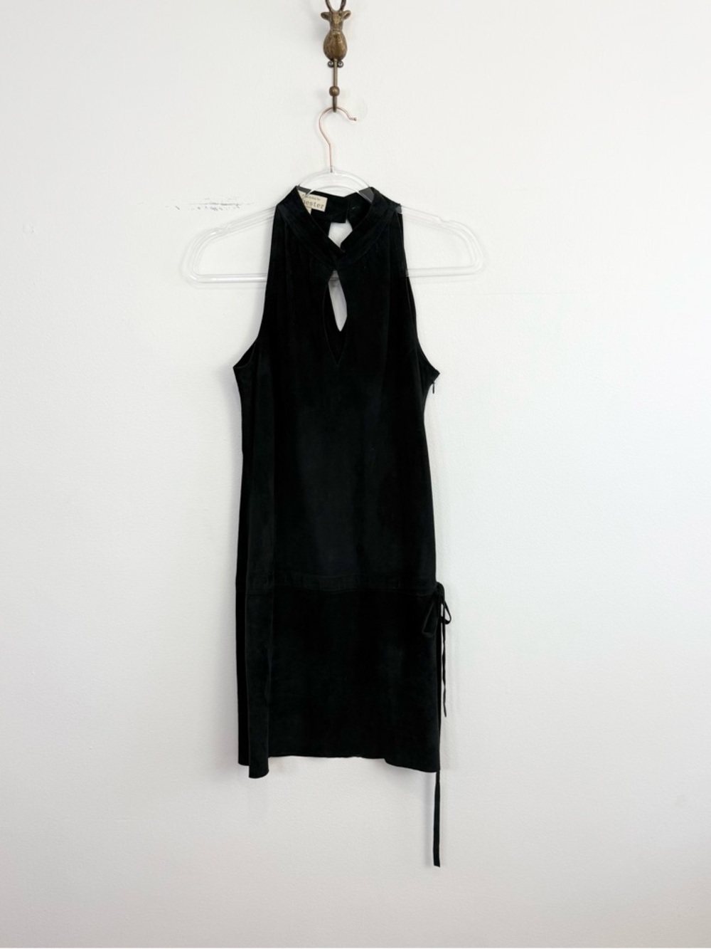 Vintage Black Suede Mini Shift Dress Keyhole Mock Neck Sleeveless Size 6